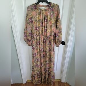 Ces Femme Women’s Mock Neck Long Sleeve Tan Floral Maxi Dress Large